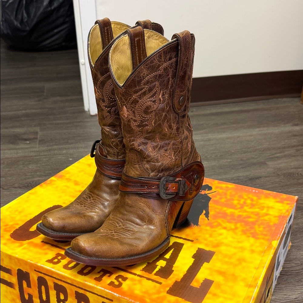Women’s Brown Leather Corral Western Harness Heeled Boots